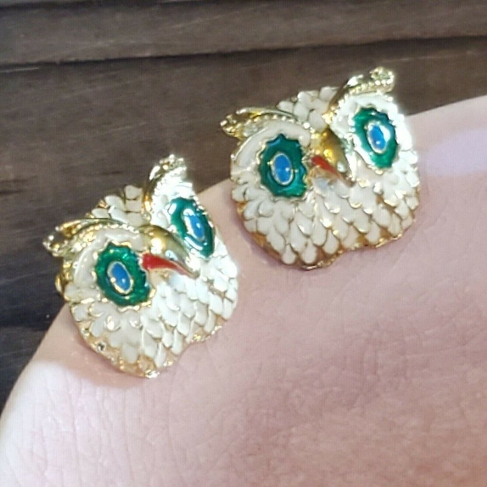 Vintage Enameled Cream Green Gold Owl Stud Earrings